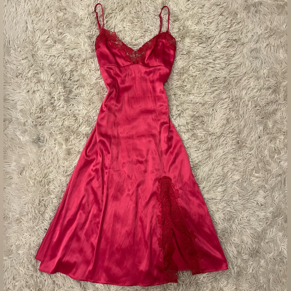 Victoria’s Secret Midi Hot Pink Slit Lace Slip Dress Small